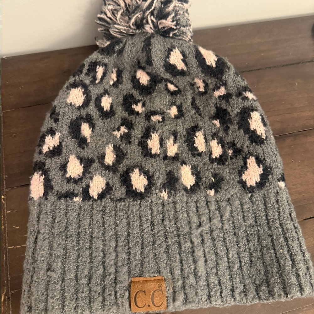 C.C ' Pink and Gray Leopard Print Beanie